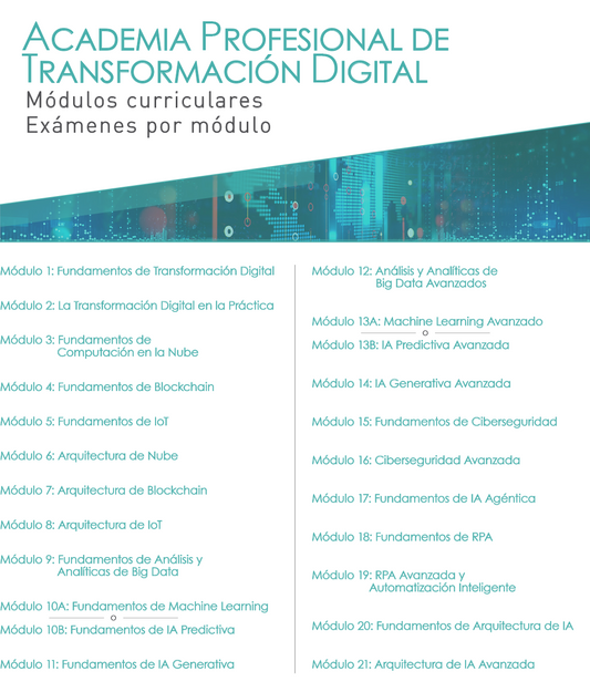 Módulos curriculares y exámenes por módulo (Academia Profesional de Transformación Digital)