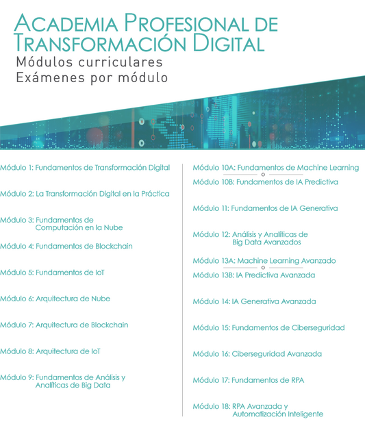 Módulos curriculares y exámenes por módulo (Academia Profesional de Transformación Digital)